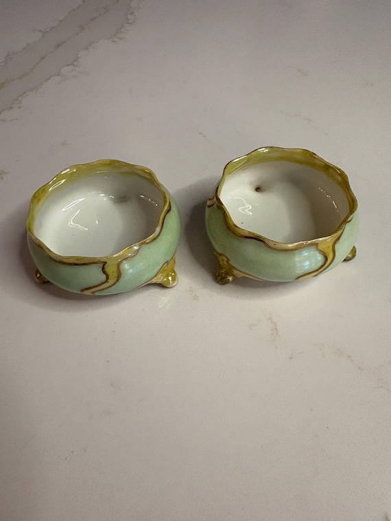 Vintage Limoges Porcelain Salt Cellars Pair French Trinket Dishes Gold Trim Mid Century