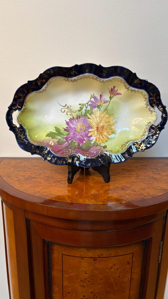 Antique Hand Painted Cobalt Blue Porcelain Serving Dish Floral Centerpiece Victorian Display