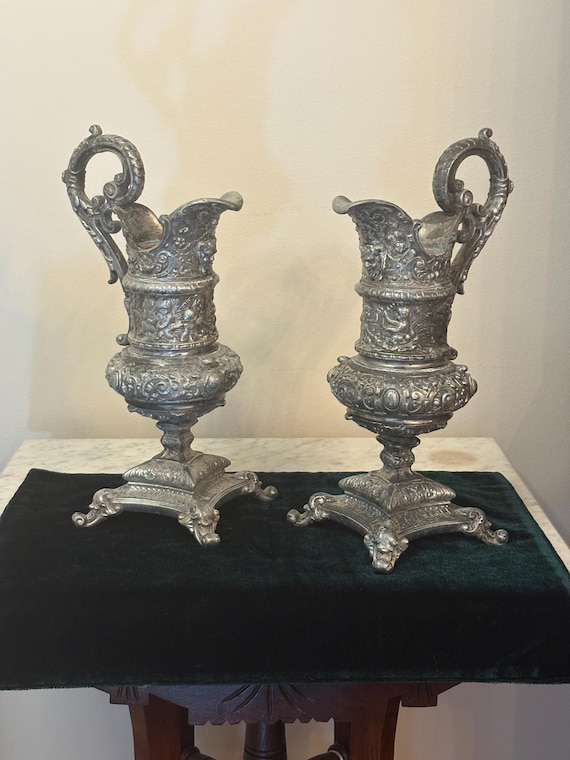 Pair of Antique Victorian Style Silver Plate Ewers Ornate Cherub Relief Urns