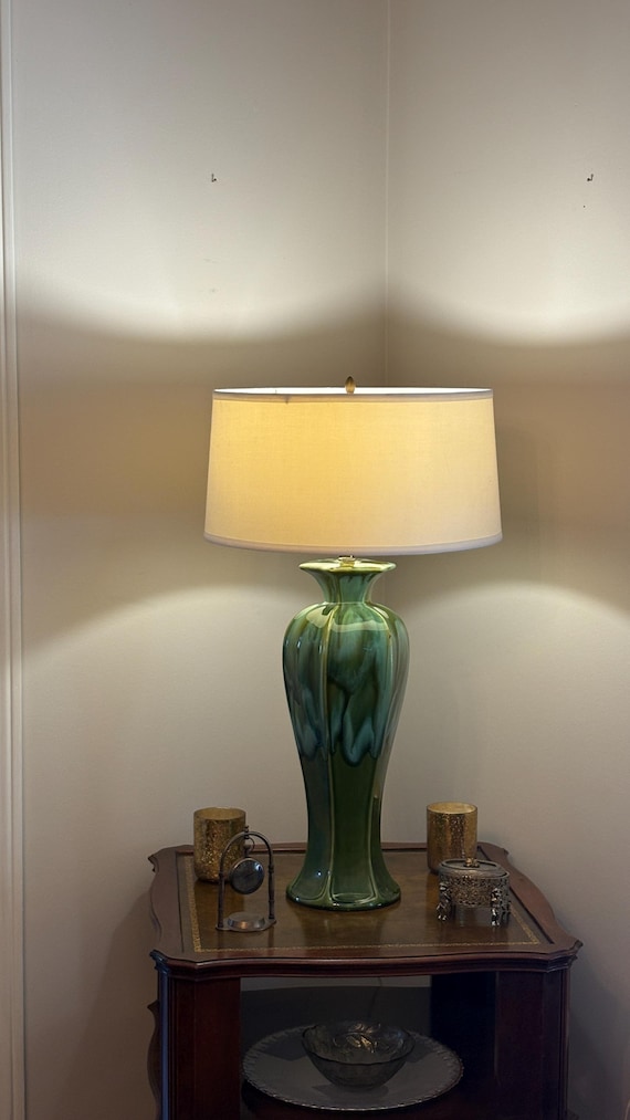Vintage Mid Century Modern Green Drip Glaze Ceramic Table Lamp With Drum Shade