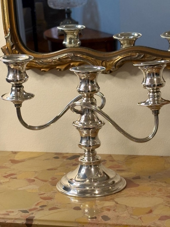 Pair of Vintage English Silver On Copper Three Arm Candelabra Classic Elegant Mid Century