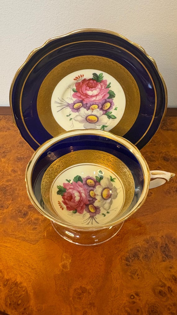 Vintage Paragon Fine Bone China Teacup Saucer Cobalt Gold Floral England Collectible Tea