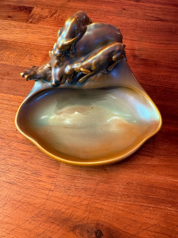 Zsolnay Eosin Glazed Porcelain Dish Dogs Hunting a Boar- Hungary, Mid 20th Century Stamped/Marked