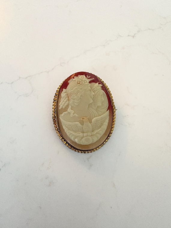 Oversized Classical Cameo Brooch, Neoclassical Lady & Bird Motif, Statement Vintage Costume Jewelry