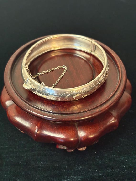 Vintage Birks Sterling Silver Hinged Bangle, Bracelet, Floral Engraved on One Side