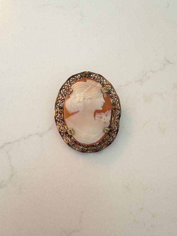 Vintage 1/20 12K Gold Filled Shell Cameo Brooch Pendant, Hand Carved Lady Profile