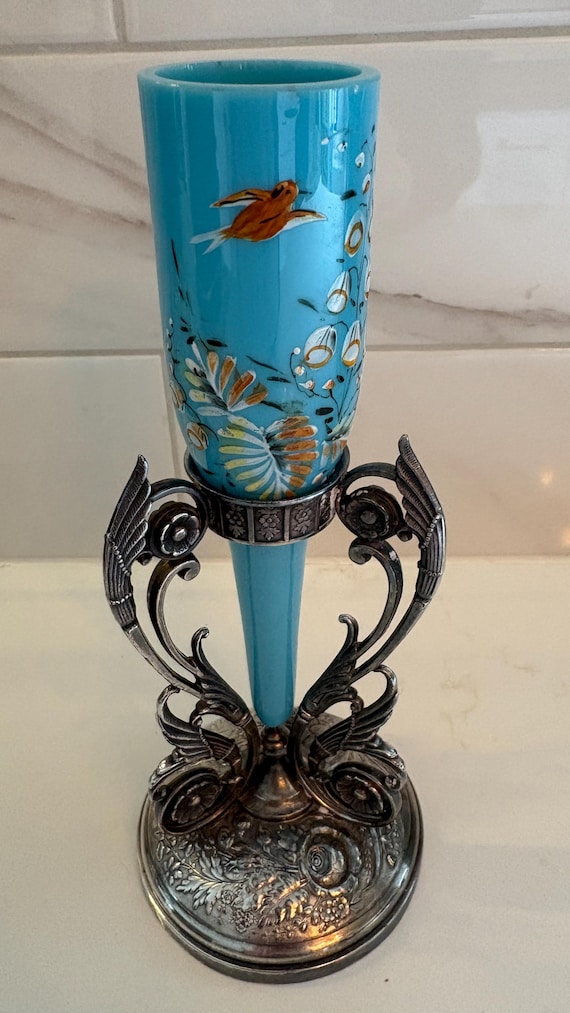Victorian Blue Bristol Glass Bride's Bouquet Holder Silverplate Stand Hand Painted Floral