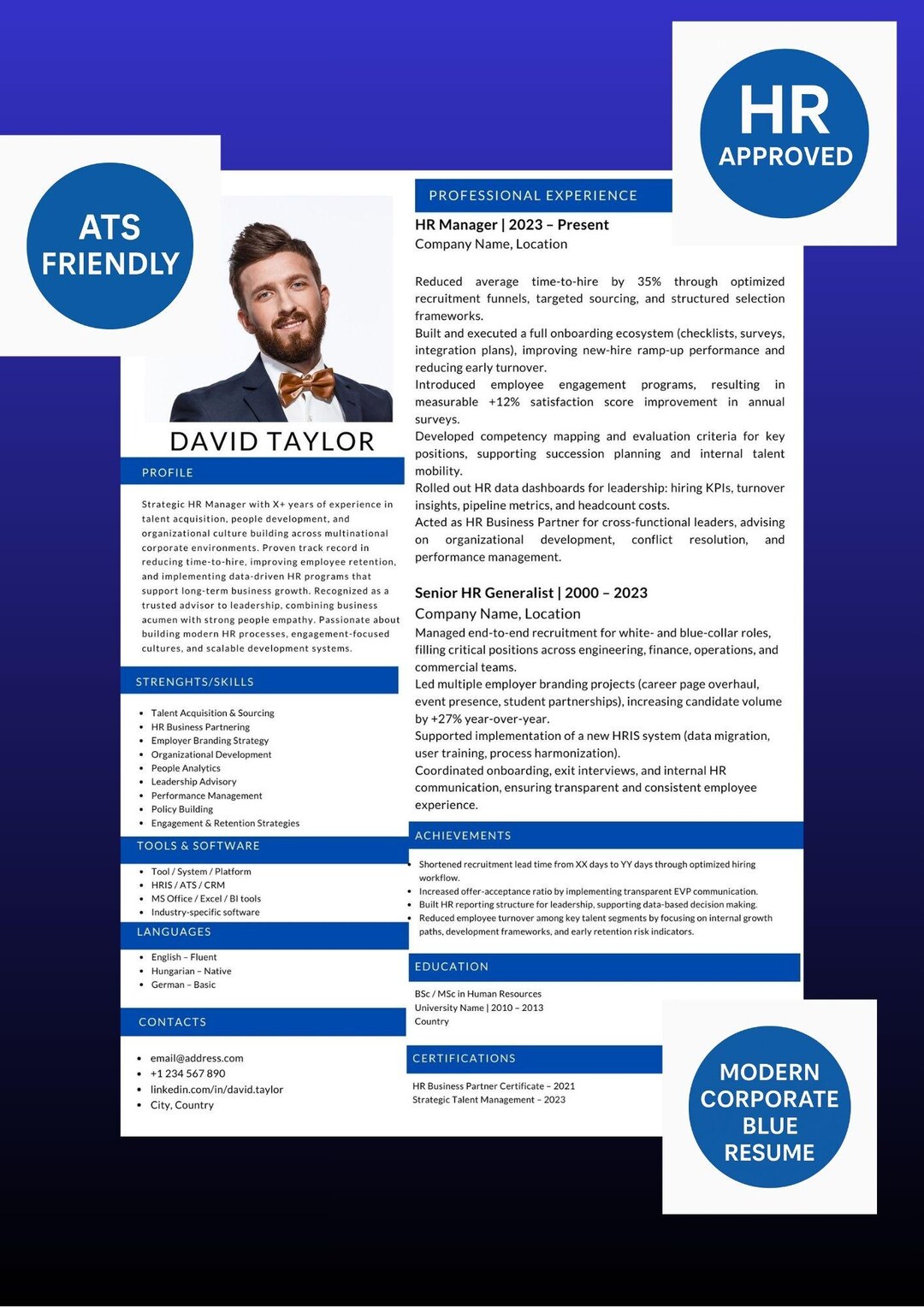 ATS Friendly Resume Template | Modern Corporate Blue CV | Editable ...