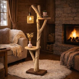 May include: A rustic wooden floor lamp with two round shelves and a hanging light. The lamp has a natural wood finish, with rope accents and a square base. A small plant and vase with dried flowers are on the shelves.