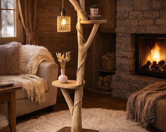 Lámpara de pie de madera maciza hecha a mano – Roble y cerezo – Lámpara de pie de diseño natural con estantes decorativos – Pieza única hecha a mano