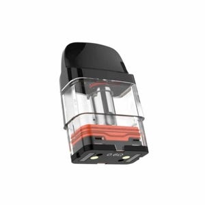 May include: A black and clear vape pod with a red accent. The pod has a rectangular shape with a black mouthpiece and a clear body. The bottom of the pod has the text "0.6Ω".