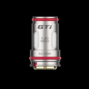 Op de afbeelding: Een zilveren en rode GTI 0,4Ω mesh coil voor vapen. De coil heeft een cilindrische vorm met rode O-ringen aan de boven- en onderkant. De tekst "GTI", "0,4Ω MESH" en "50-60W" staan op de coil.