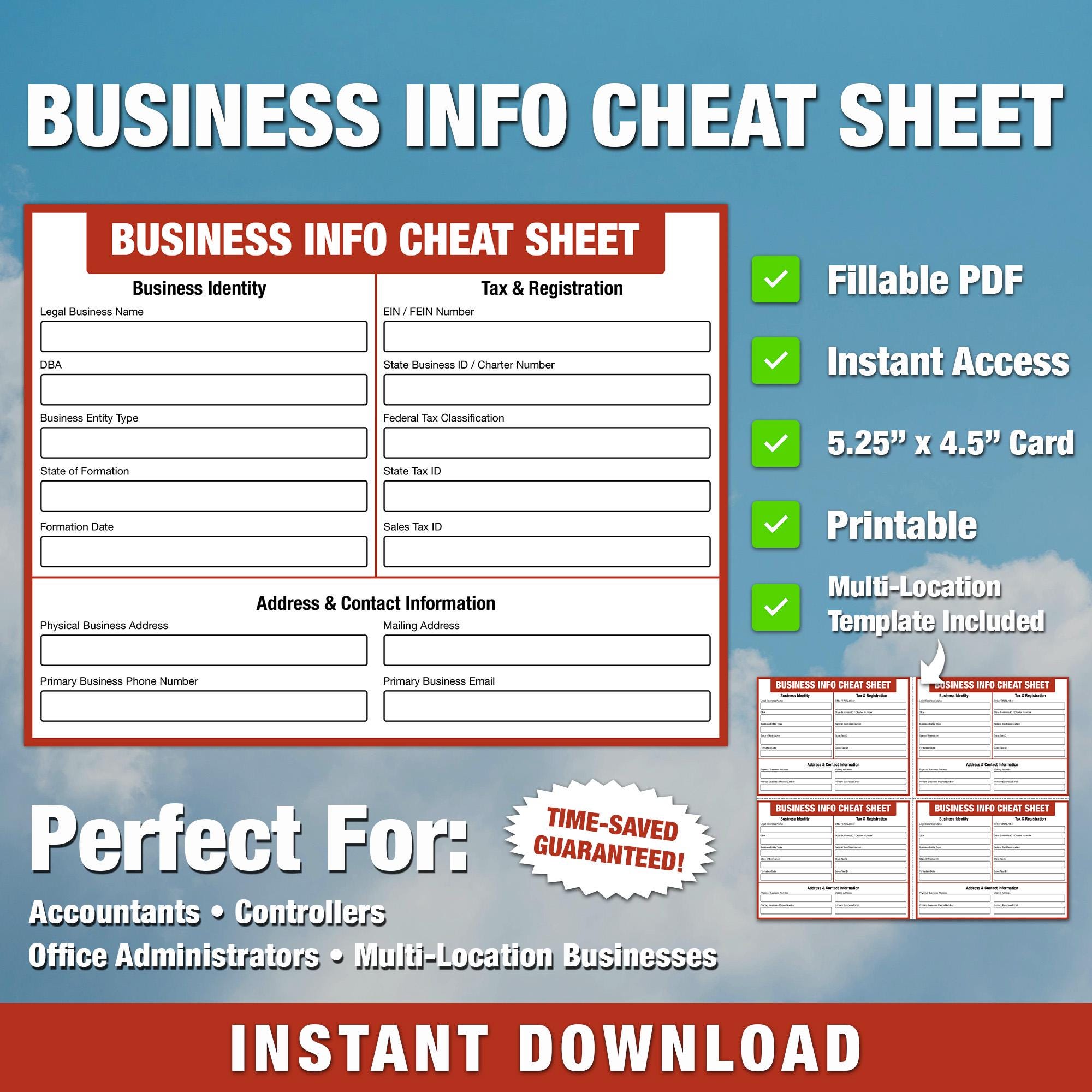 Business Information Cheat Sheet | Fillable PDF Organizer (digital ...