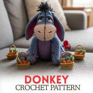 May include: A handmade crochet donkey toy in blue, purple, and pink, with a black mane, sitting on a gray couch. Small baskets filled with orange carrots are placed around the donkey. The text "DONKEY CROCHET PATTERN" is at the bottom.