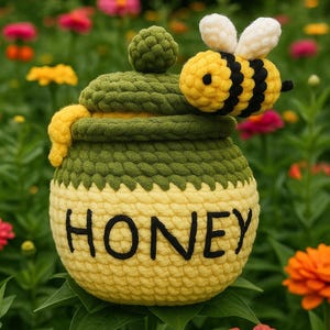 以下が含まれることがあります： 黄色い土台に黒でHONEYという文字が刺繍された丸いかぎ針編みのハニーポット。ダークグリーンの蓋にはポンポンの取っ手が付いており、上部の縁には小さな縞模様のハチが取り付けられ、側面には黄色い雫のディテールが施されています。