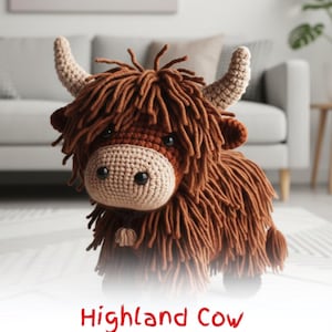 May include: A handmade crochet Highland cow with brown shaggy fur, tan horns, and a tan muzzle. The text "Highland Cow CROCHET PATTERN" is displayed at the bottom of the image. This plush toy is a charming addition to any collection.