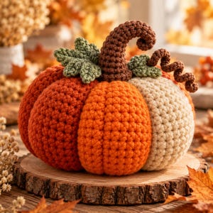 Può includere: Una zucca all'uncinetto di forma arrotondata con segmenti alternati di filato arancione brillante e color crema. La parte superiore presenta un gambo riccio marrone scuro e due foglie testurizzate verde salvia al centro.