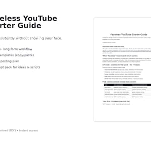 Peut inclure: Un guide numérique blanc intitulé "Faceless YouTube Starter Guide". Il propose un flux de travail pour les vidéos YouTube, des modèles de scripts et un plan de publication sur 30 jours. Il comprend également des packs d'invites d'IA pour les idées et les scripts.
