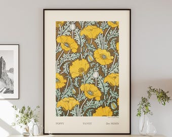 1890 art nouveau print gele klaproos | Vintage botanische muurkunst (digitale download)