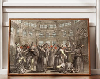 Gravure van soefi-wervelende derwisj – op Rumi geïnspireerde Mevlevi-danser islamitische kunst (digitale download)