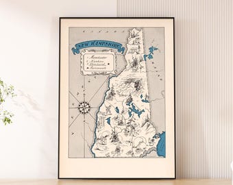 Vintage kaart van New Hampshire 1931, picturale staatsposter, Paul Spener Johst Art (digitale download)