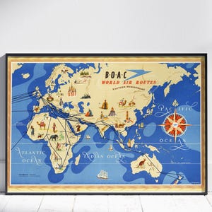 Mapa del hemisferio oriental de BOAC de 1949 / Póster vintage de viajes aéreos (descarga digital)