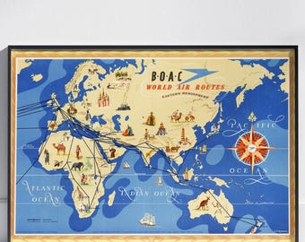 Kaart BOAC oostelijk halfrond 1949 | Vintage reisposter luchtvaartmaatschappij (digitale download)