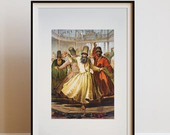 Antieke prent wervelende derwisjen | Soefikunst, Rumi, oriëntalistisch decor (digitale download)