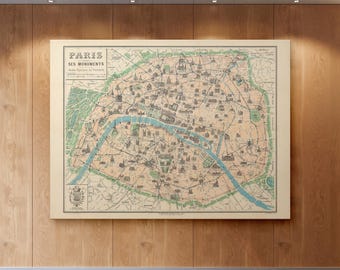Vintage 1910 Parijse monumentenkaartposter, antieke Franse stadsmuurkunst (digitale download)