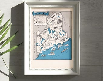 Picturale kaart Maine, 1931, vintage staatsillustratie, New England muurkunst (digitale download)