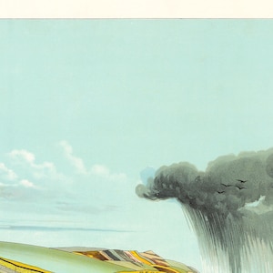 Może przedstawiać: Vintage ilustracja geologiczna przedstawiająca krajobraz z chmurą burzową i deszczem. Obraz przedstawia jasnoniebieskie niebo, białe chmury i warstwową formację geologiczną na pierwszym planie. Widoczne jest słowo "CENOZOIC".