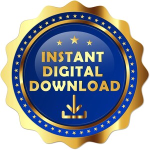 Może przedstawiać: Złota i niebieska pieczęć z napisem "INSTANT DIGITAL DOWNLOAD" złotymi literami. Pieczęć ma falisty brzeg i pierścień gwiazd wok&oacute;ł niebieskiego środka. Grafika strzałki w d&oacute;ł znajduje się pod tekstem.
