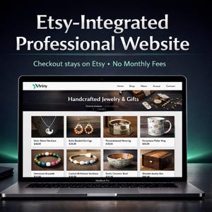 Könnte beinhalten: Ein Laptop zeigt eine in Etsy integrierte Website mit handgefertigtem Schmuck und Geschenken. Die Website zeigt Halsketten, Ohrringe, Ringe, Armbänder und Schalen. Der Text auf dem Bildschirm lautet "Etsy-integrierte professionelle Website".