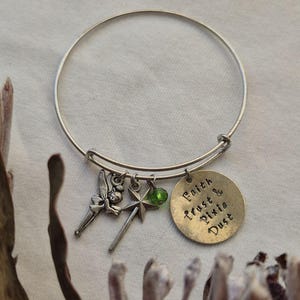 Vintage Tinker Bell Charm Bangle Bracelet, Faith Trust Pixie Dust Engraved Coin, Adjustable Fairy Wand Green Crystal Bangle