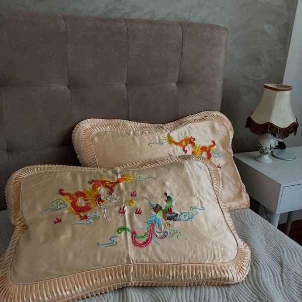 Vintage Chinese Silk Embroidered Pillowcases Set of 2 Golden Bee Dragon and Phoenix Silk Pillow Shams Chinoiserie Bedding Asian Needlepoint