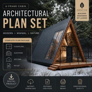 May include: An architectural plan set for an A-frame cabin featuring a modern design with a dark metal roof and wood accents. The digital product includes floor plans, elevations, sections, and a PDF set, with editable CAD files available.