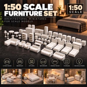1:50 Scale 3D Printed House Furniture Set, 60+ Pieces for Architectural Models