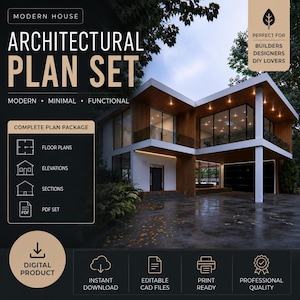 May include: An architectural plan set for a modern house, featuring a two-storey home with wood panelling, large glass windows, and a covered driveway. The digital product includes floor plans, elevations, sections, and a PDF set for download.
