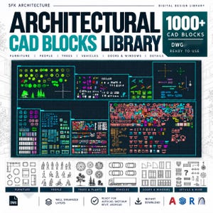 May include: A digital design library titled SFK ARCHITECTURE ARCHITECTURAL CAD BLOCKS LIBRARY containing 1000+ CAD blocks in DWG format. The image displays a grid of architectural symbols including furniture, people, trees, vehicles, and doors.