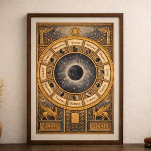 Puede incluir: Una impresión vintage enmarcada que presenta una carta celestial con una esfera oscura central y un anillo de símbolos del zodíaco. La obra de arte es en tonos dorados, azules y marrones, con figuras de leones alados en la parte inferior. La impresión se exhibe sobre una mesa de madera.