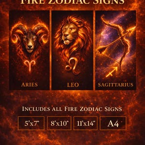 Fire Zodiac Wall Art Set, Aries Leo Sagittarius, Mystical Astrology ...