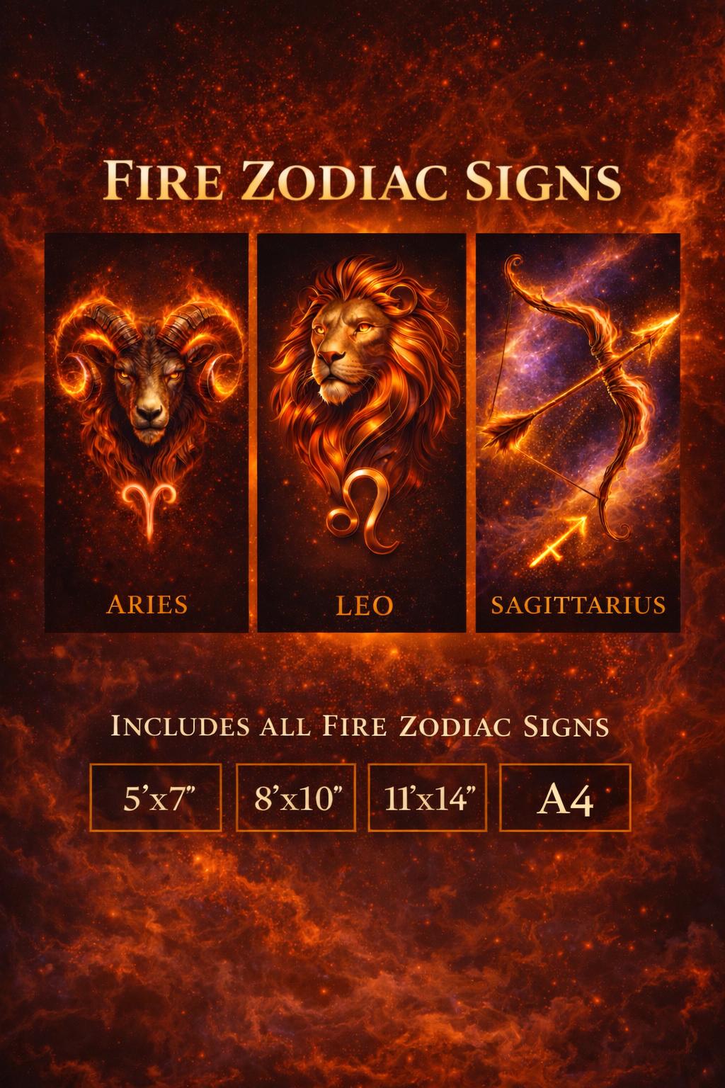 Fire Zodiac Wall Art Set, Aries Leo Sagittarius, Mystical Astrology ...
