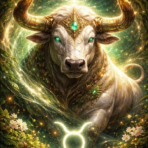 Op de afbeelding: Digitale illustratie van een witte stier met gouden hoorns en groene ogen, versierd met gouden sieraden en een met juwelen bezette kroon. De stier wordt omringd door weelderig groen gebladerte, gloeiende lichten en het sterrenbeeld Stier.