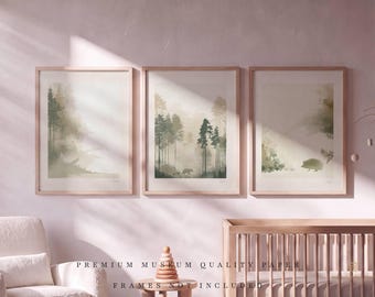 May include: Three rectangular wall art prints featuring soft, muted forest landscapes in shades of green and beige. The artwork depicts tall pine trees, a small bear, and a hedgehog. The text PREMIUM MUSEUM QUALITY PAPER FRAMES NOT INCLUDED is visible.