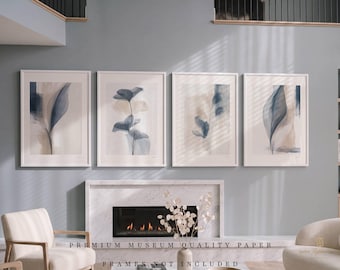 May include: A set of four vertical wall art prints featuring abstract botanical illustrations in shades of navy blue, beige, and white. The prints are displayed in white frames and include the text PREMIUM MUSEUM QUALITY PAPER FRAMES NOT INCLUDED.
