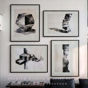 May include: A set of four black and white abstract art prints featuring geometric shapes, stacked blocks, and fluid forms. The prints are displayed on a wall with the text PREMIUM MUSEUM QUALITY PAPER FRAMES NOT INCLUDED printed at the bottom.