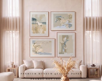 May include: A set of four framed wall art prints featuring abstract horse illustrations in muted beige, cream, and soft blue tones. The artwork displays various equine forms and landscapes, presented in a gallery arrangement above a beige sofa.