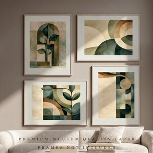 May include: A set of four framed wall art prints featuring geometric shapes and botanical elements in shades of sage green, deep forest green, and warm beige. The text on the image reads PREMIUM MUSEUM QUALITY PAPER FRAMES NOT INCLUDED.