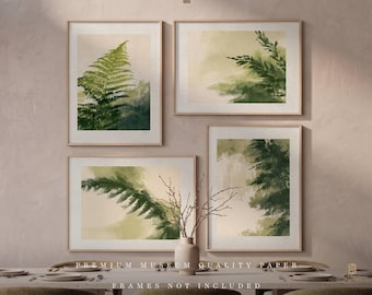 May include: A set of four framed wall art prints featuring botanical fern illustrations in shades of green and beige. The prints are displayed in light wood frames. The text "PREMIUM MUSEUM QUALITY PAPER" and "FRAMES NOT INCLUDED" is visible.