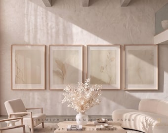 May include: Four rectangular wall art prints featuring abstract botanical line drawings in shades of beige and cream. The prints are displayed in light wood frames. The text "PREMIUM MUSEUM QUALITY PAPER" and "FRAMES NOT INCLUDED" is visible.